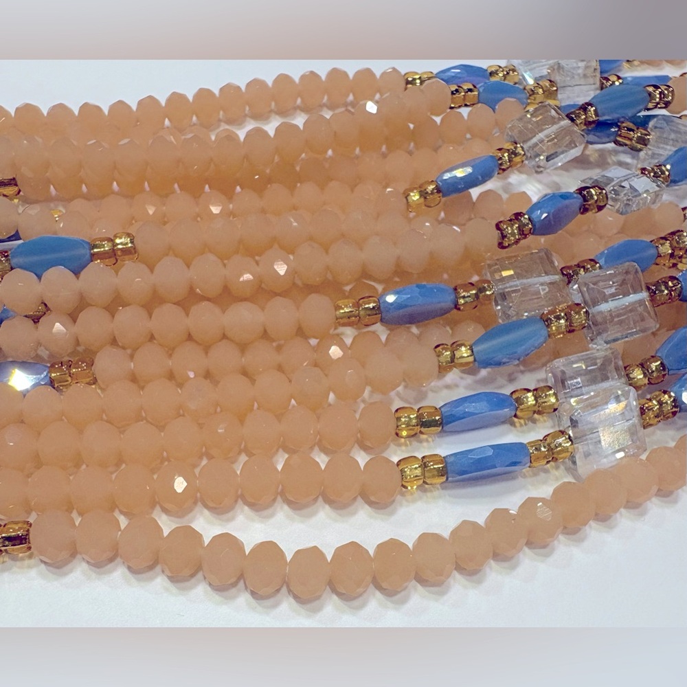 NWT “PEACHEEZZZ” Crystalline Beads w/Clear, Blue & Gold accents up to 50 length - Picture 11 of 16